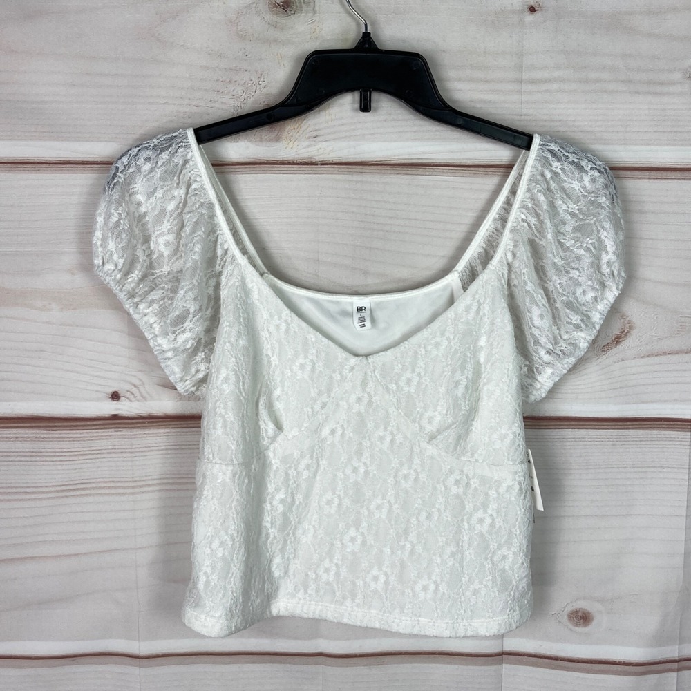 BP. Top Womens L White Lace Cap Sleeve‎ Cropped Blouse V-Neck Solid Stretch